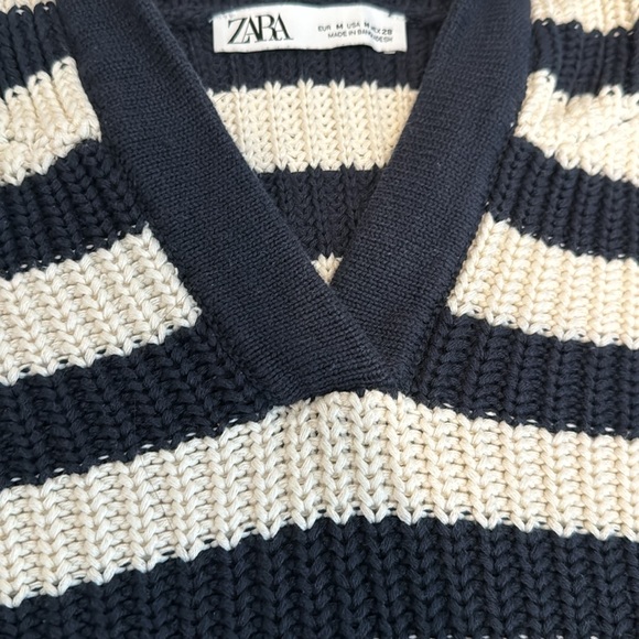ZARA Hooded Knit Sweater Striped Cotton Long Sleeve Front Pockets Preppy Coastal - Picture 5 of 7